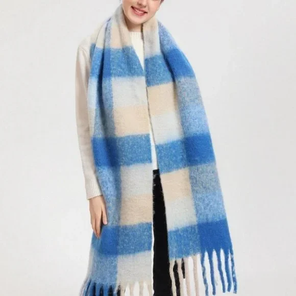 BLUE plaid fringe trim scarf fall fun contemporary multicolor - Picture 2 of 3